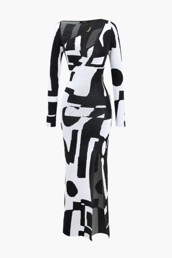 Abstract Monochrome Maxi Elbise