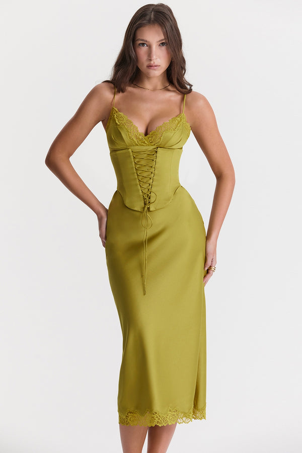 Alina Olive Lace Corset Midi Elbise