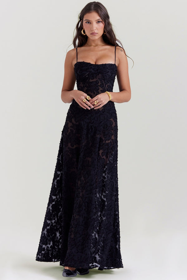 Midnight Floral Lace Corset Gown Maxi Elbise