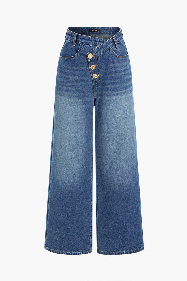 Asymmetric Button Wide-Leg Denim