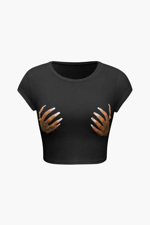 "Minimal Hands" Baskılı Crop T-Shirt