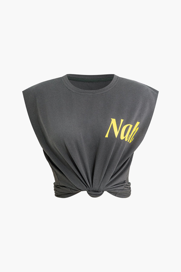 "Nah" Yazılı Düğümlü Crop T-Shirt