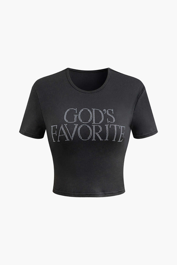 "God's Favorite" Taş Detaylı Crop T-Shirt