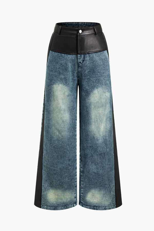 Contrast Leather Detail Wide-Leg Jean