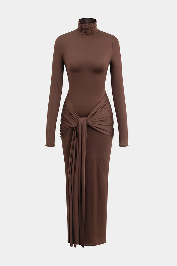 Draped Sophistication Uzun Kollu Midi Elbise