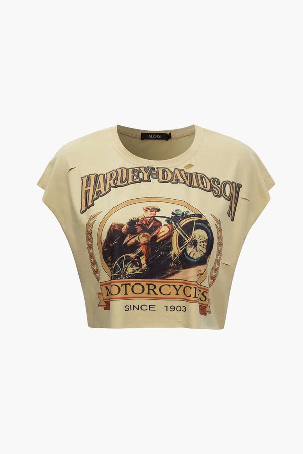 "Harley Davidson" Vintage Baskılı Crop T-Shirt