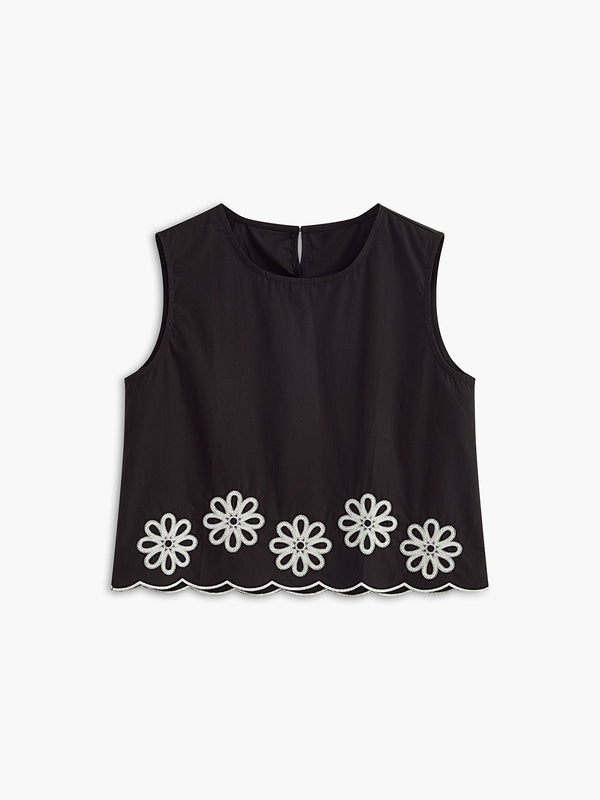 Daisy İşlemeli Siyah Crop Bluz