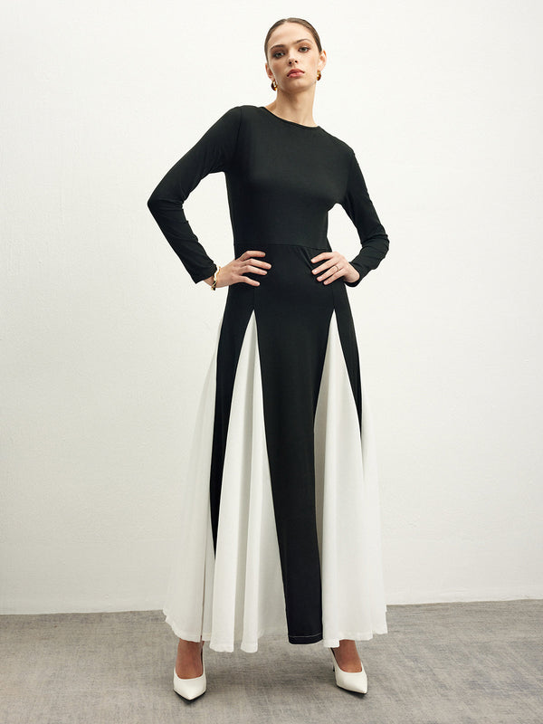 Elegance Contrast Maxi Elbise