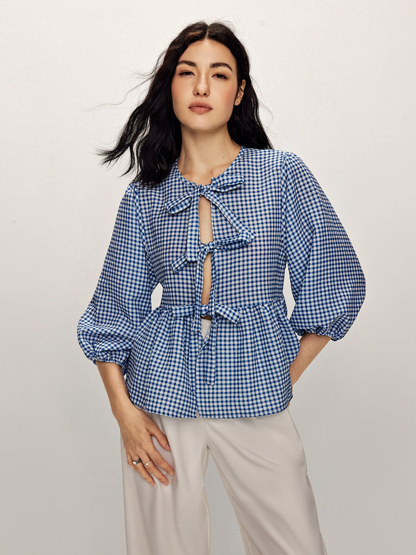 Blue Gingham Bağcık Detaylı Bluz