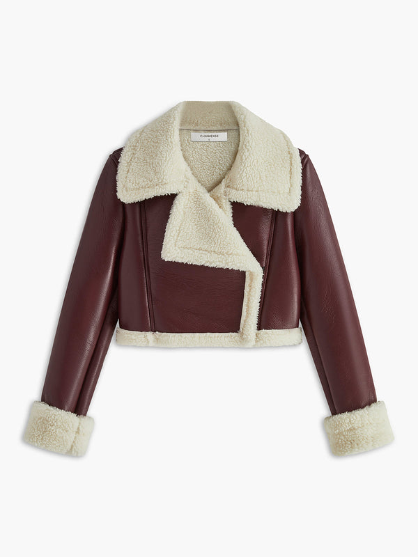 Burgundy Shearling Crop Ceket