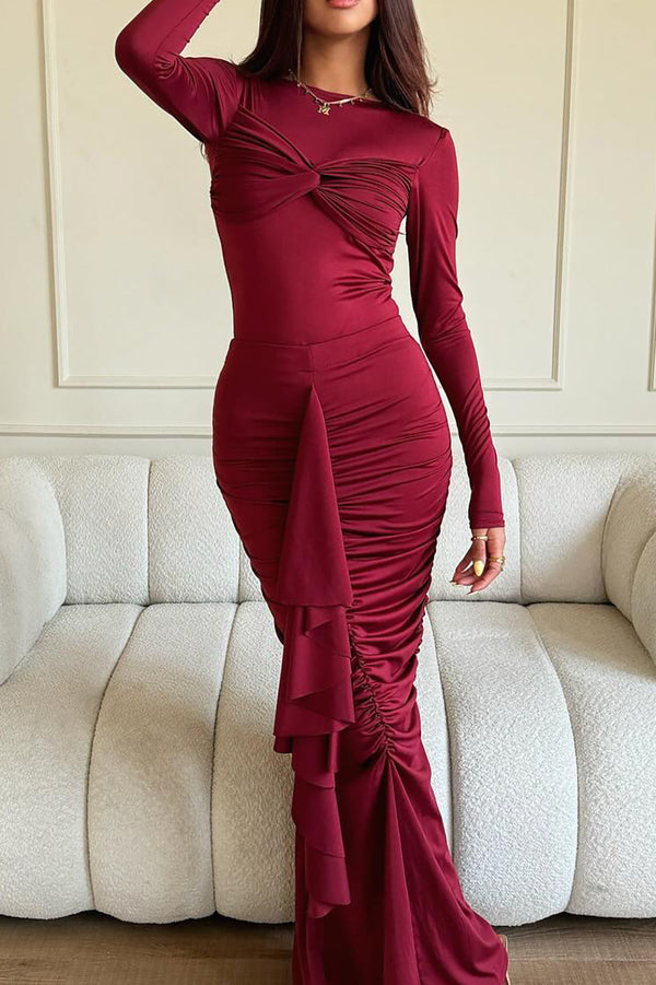 Crimson Elegance Drapeli Maxi Elbise