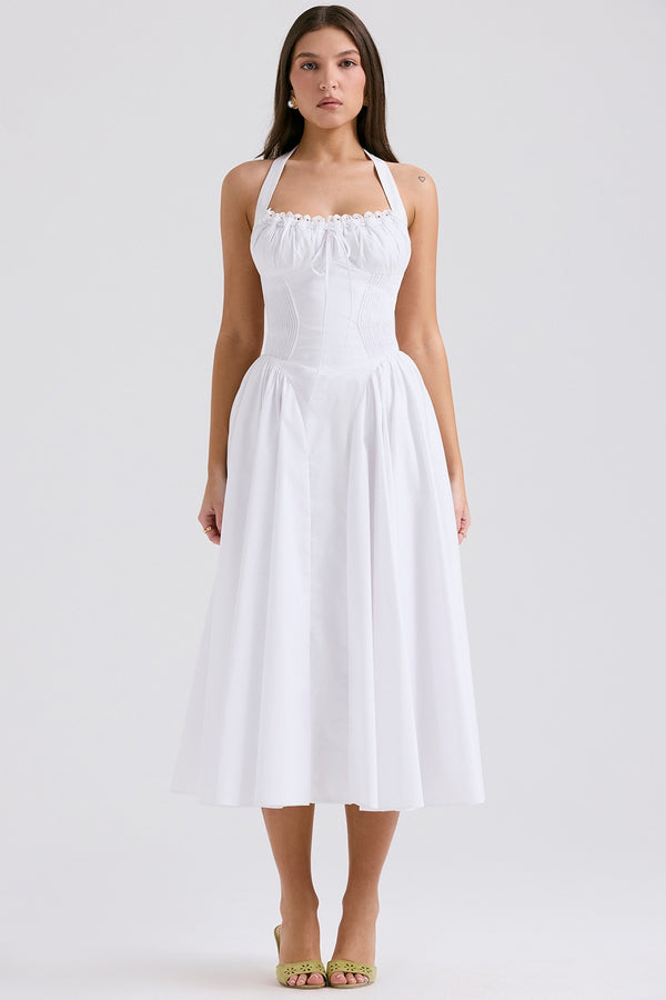 Clara Graceful White Corset Midi Elbise