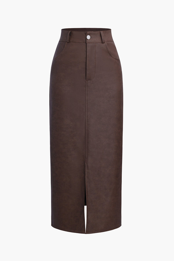 Brown Slit Midi Etek