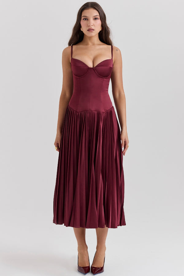 Beau Pleated Satin Midi Elbise