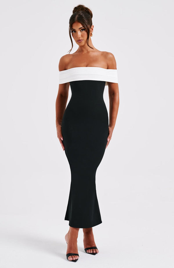 Noir Elegance Off-Shoulder Midi Elbise