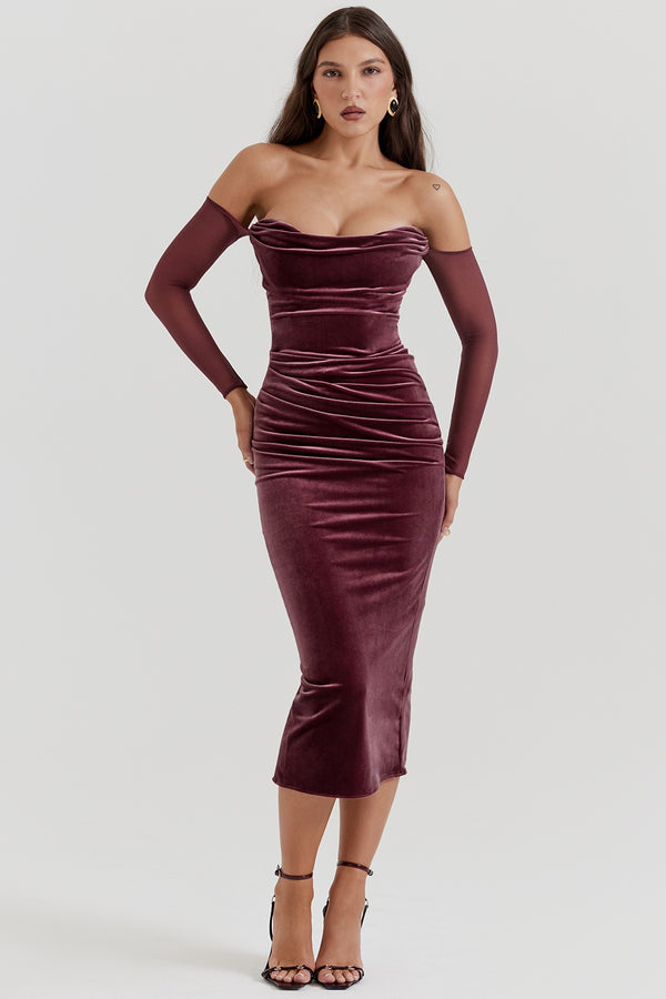 Cleora Velvet Off-Shoulder Midi Elbise