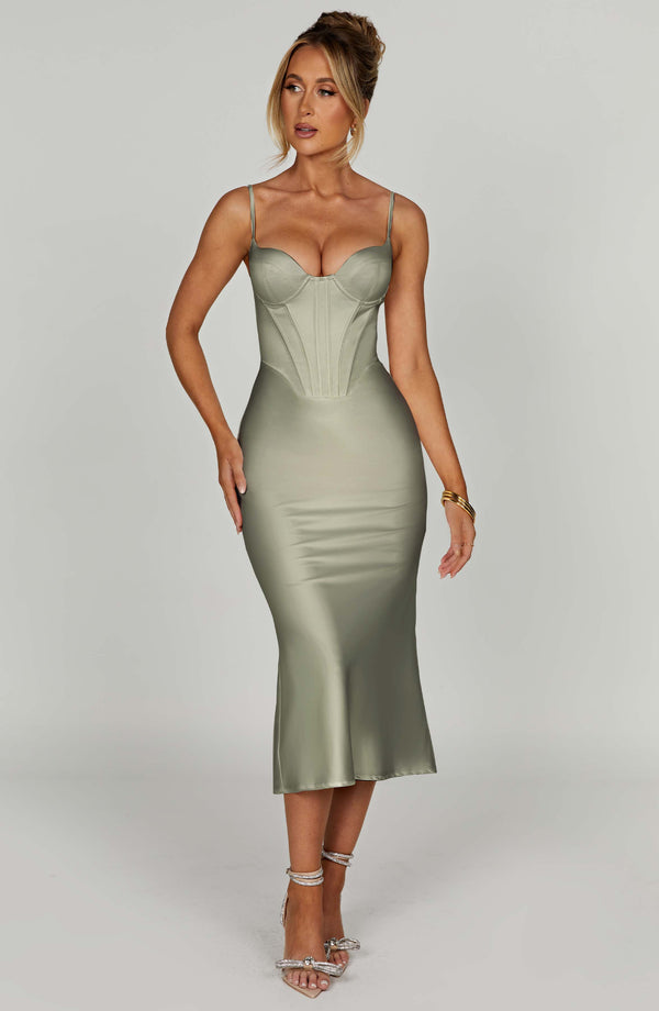 Sage Elegance Corset Midi Elbise