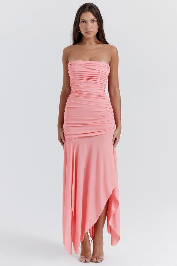 Coral Sunset Asymmetric Maxi Elbise