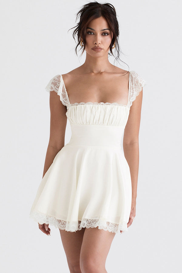 Luna Ivory Lace Detail Mini Elbise