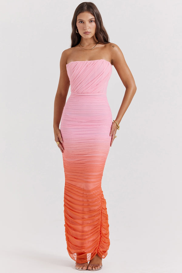 Amber Ombre Strapless Maxi Elbise