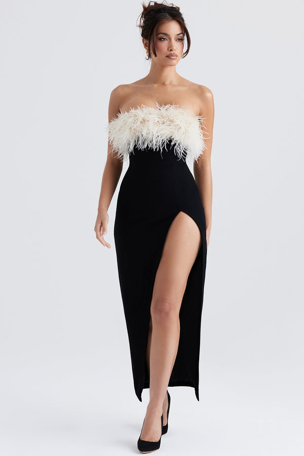 Feathered Glamour Strapless Gown Maxi Elbise