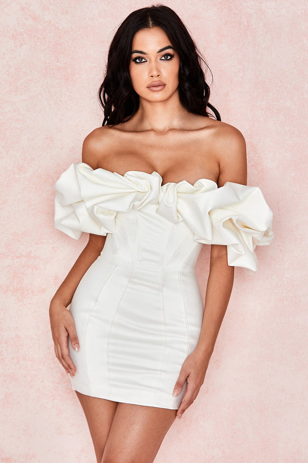 Melphia Ivory Satin Elegance Mini Elbise