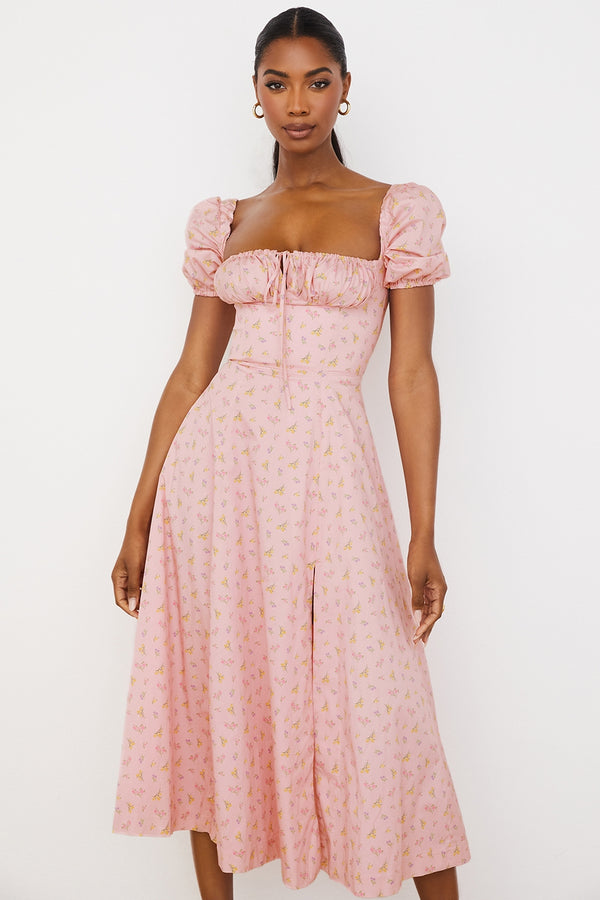 Blush Petal Puff Sleeve Midi Elbise