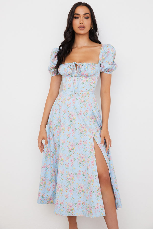 Sky Blossom Puff Sleeve Midi Elbise