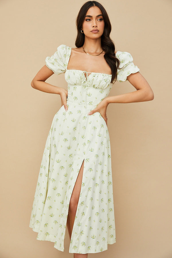 Lime Blossom Puff Sleeve Midi Elbise