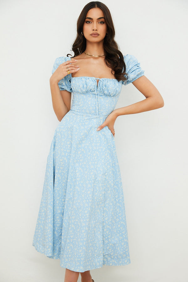 Blue Dusk Puff Sleeve Midi Elbise