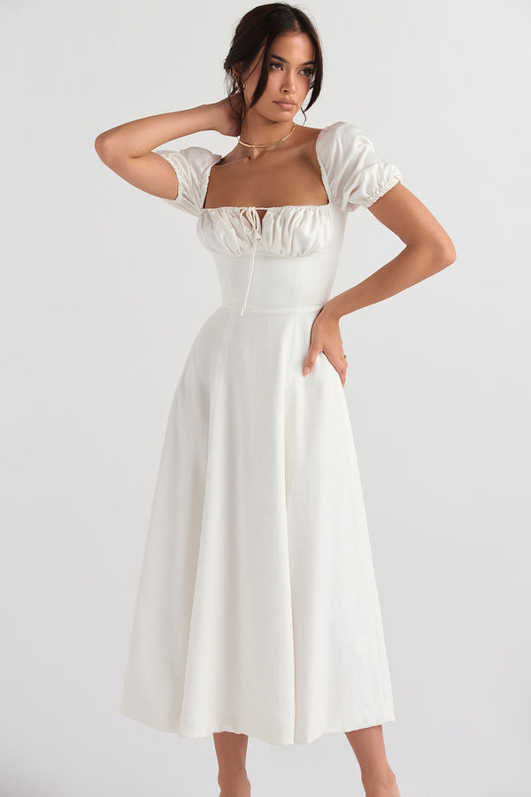 Ivory Grace Puff Sleeve Midi Elbise