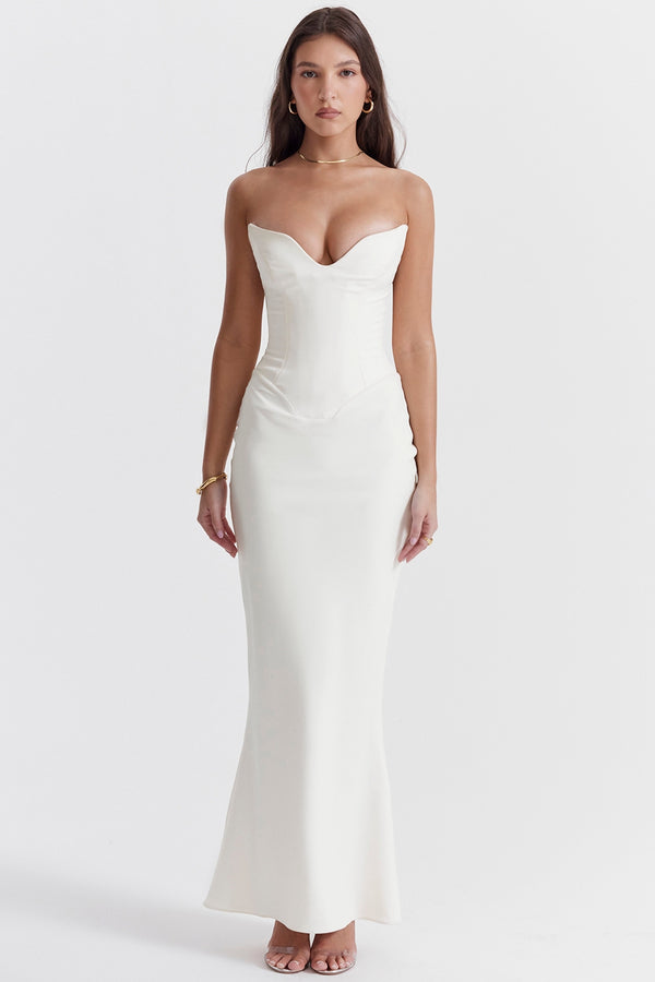 Gwen Ivory Satin Corset Maxi Elbise